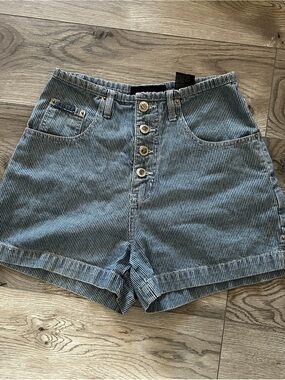 Route 66 Vintage High-Waist Pinstriped Women’s Shorts with Button Front